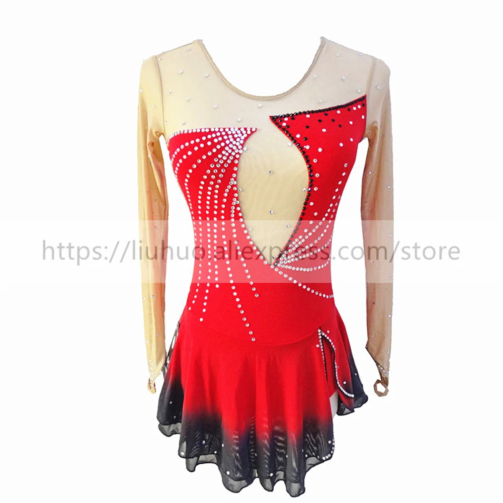 

Figure Skating Dress Women's Girls' Ice Competition Red Round Neck Leotard Ballet Dacne Kids Rhythmic Gymnastics Gradient Skirt