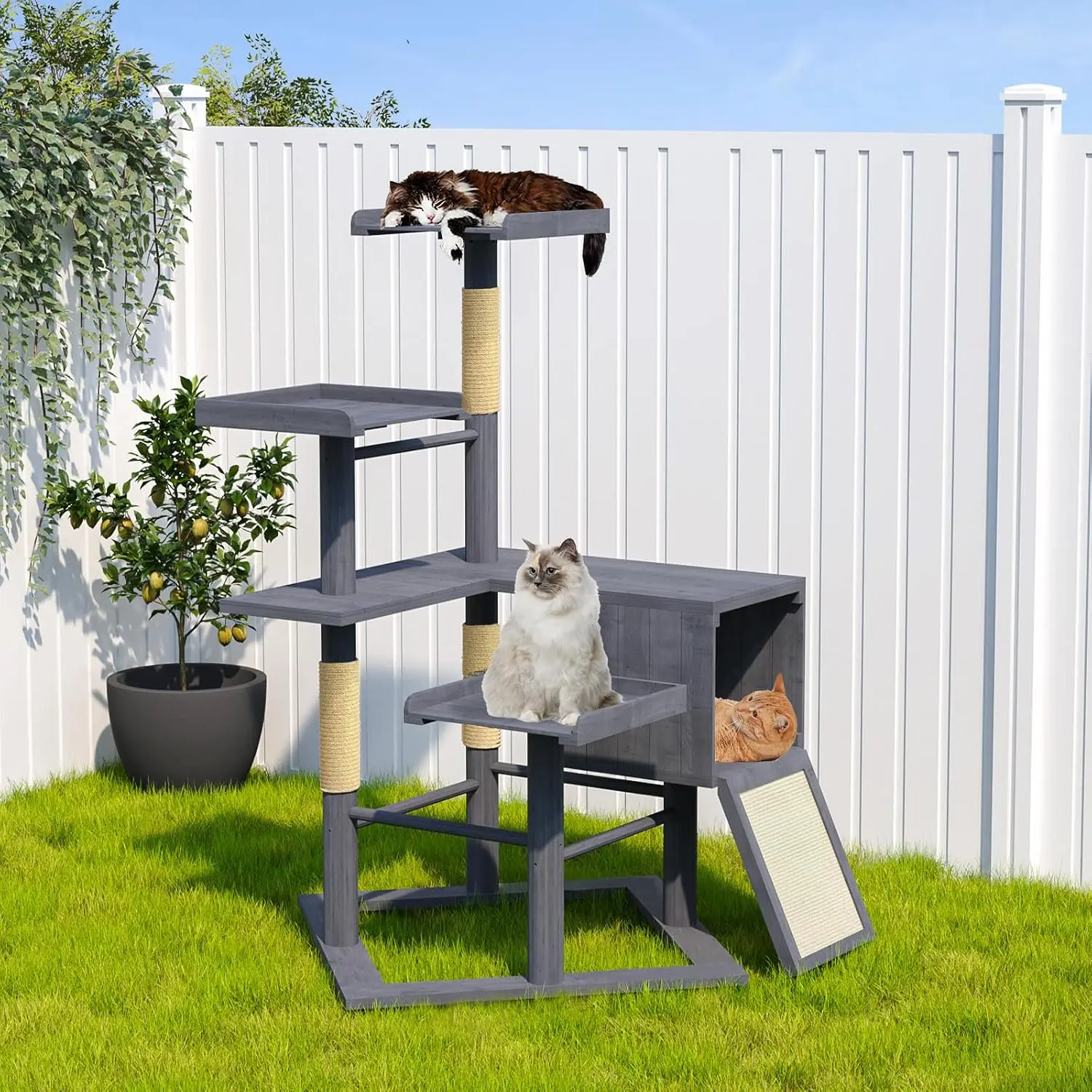 Outdoor Cat Tree Large Cats Weatherproof Solid Wood 48