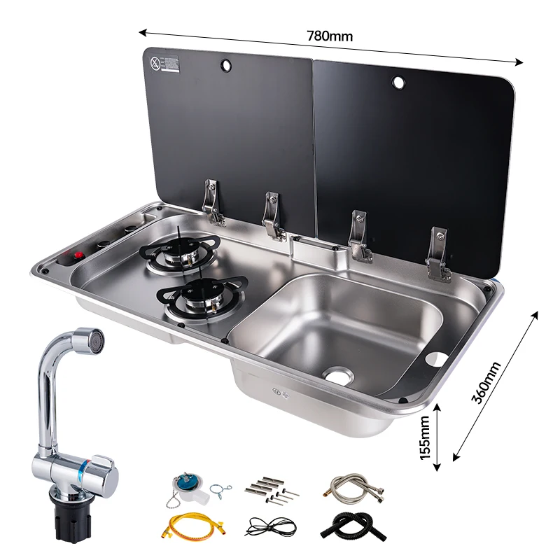 

Уличная кухонная газовая плита с двумя конфорками и раковиной для автофургона, кемпера, каравана | Комбо для приготовления пищи на природе из нержавеющей стали