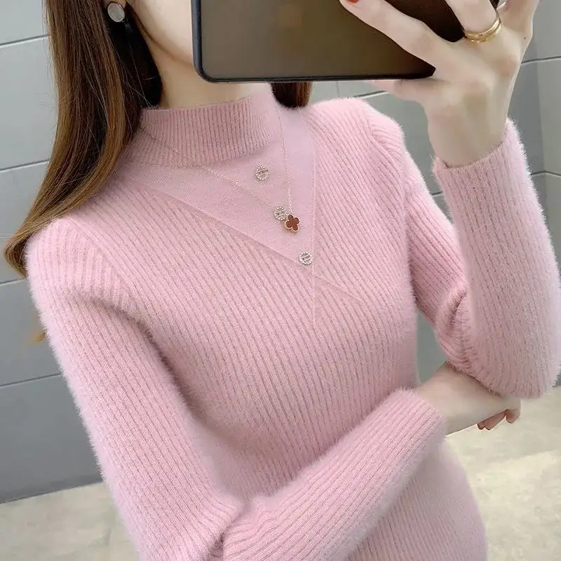 

Pullover solid sweater female 2023 New Mink Sweater Knit Shirt long long half collar tight long sleeve casual pullover sweater