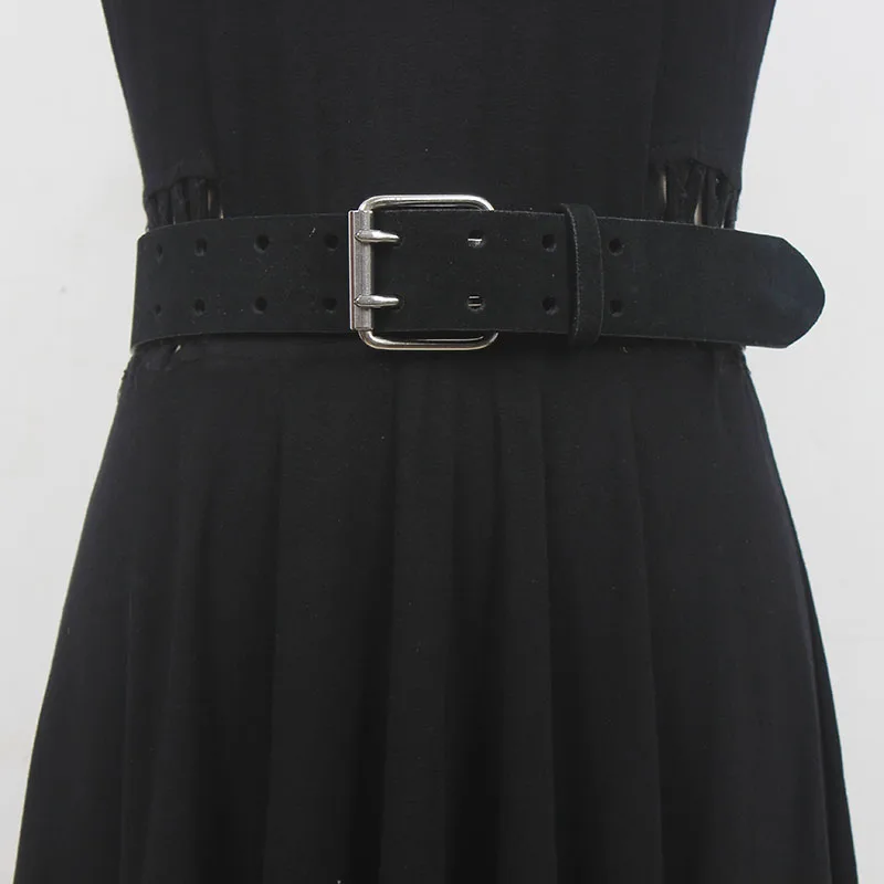 Classic White Black Real Leather Waist Belts for Women Double Pin Buckle Punk Rock Waistbands Jeans Strap Cowhide Corset Belt