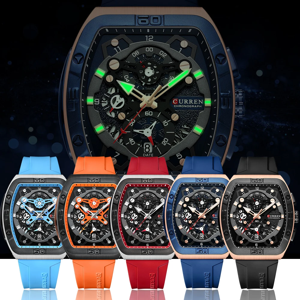 CURREN Casual Sports Multi Function Silicone Straps Luminous Hands Curved Mirror Rectangular Watches