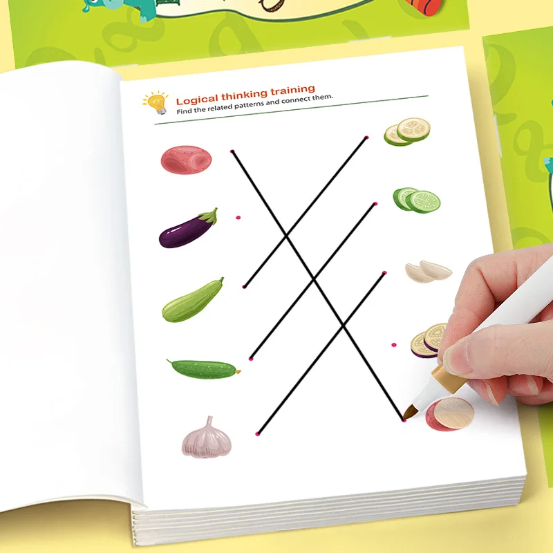 Livre d'activités éducatives pour la maternelle de 32 pages, avec des exercices de correspondance graphique/animale/légumes/ombres/chiffres et des puzzles éducatifs