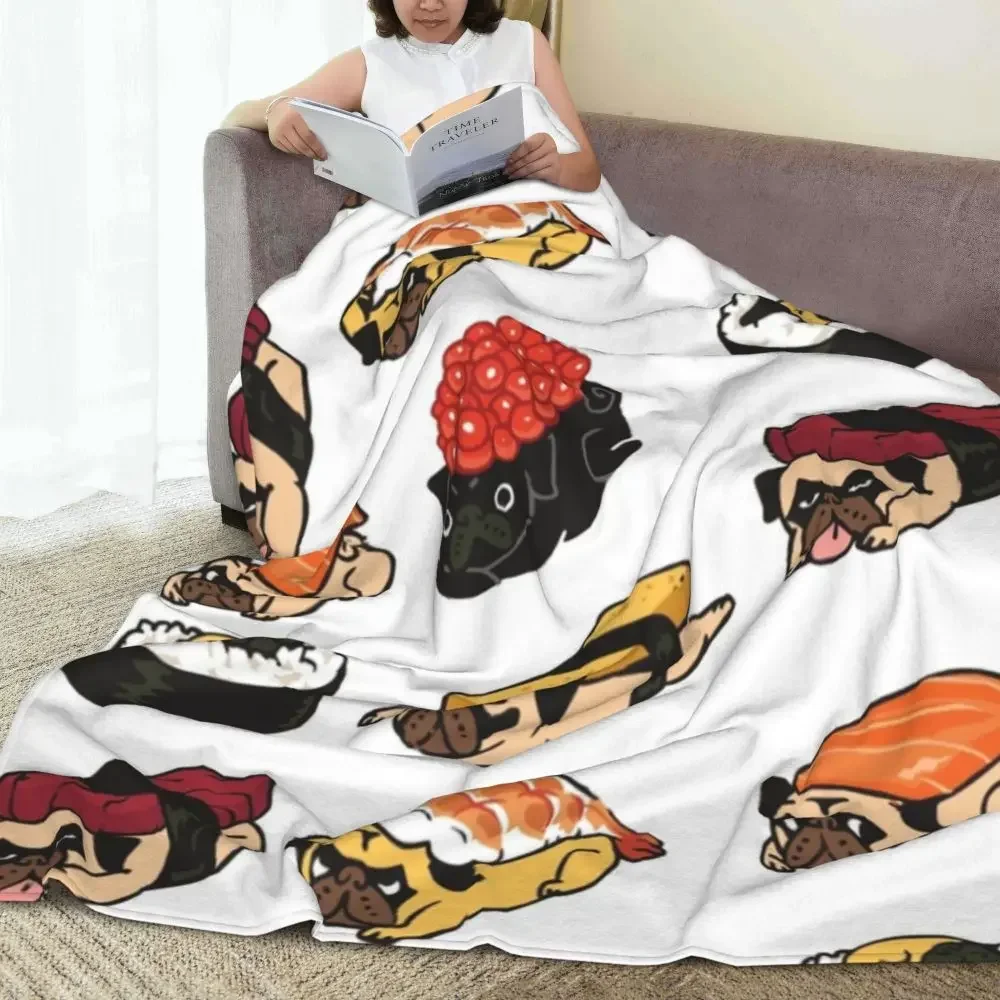 

Sushi Pug Flannel Blanket Food Kawaii Animal Soft Durable Throw Blanket for Living Room Travel Colorful Bedspread Sofa Bed Cover