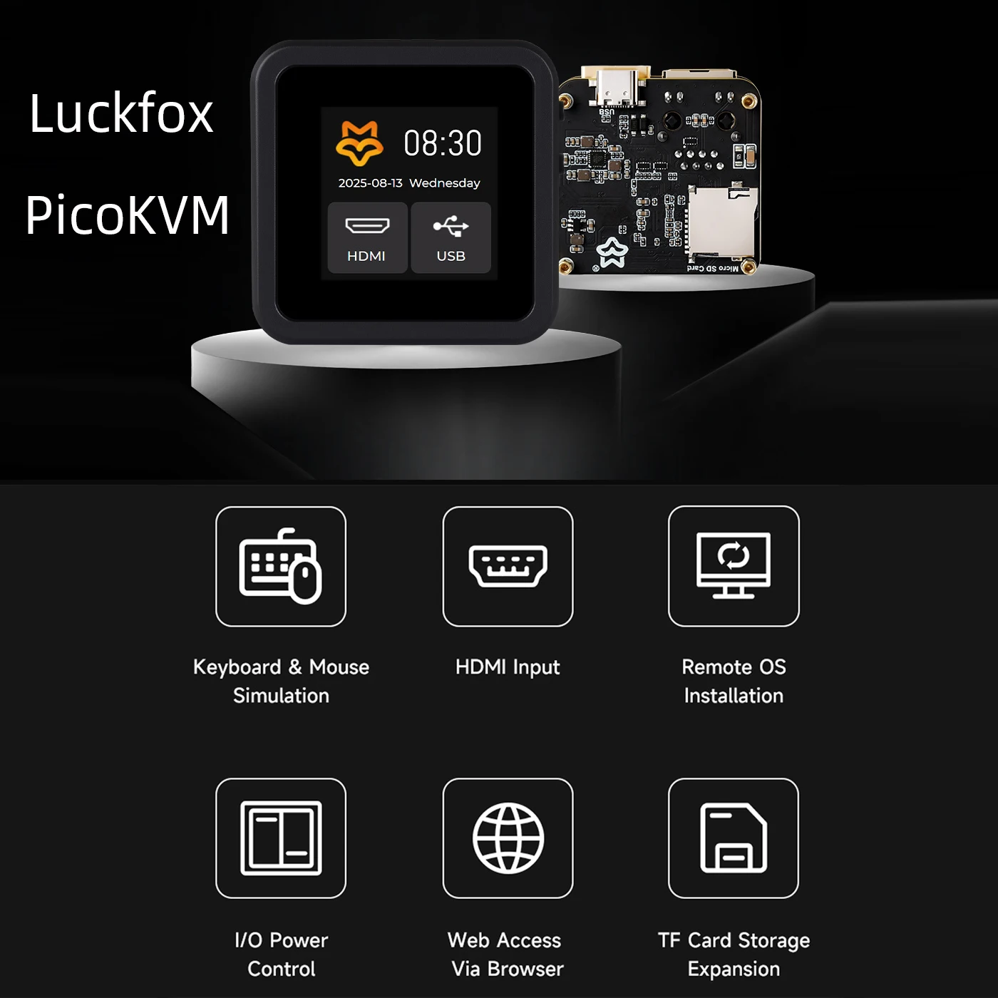 Luckfox PicoKVM Remote Management Tool 1920x1080@60fps HDMI-compatible Video 1.54 Inch Touch Screen TF Slot for Device Control
