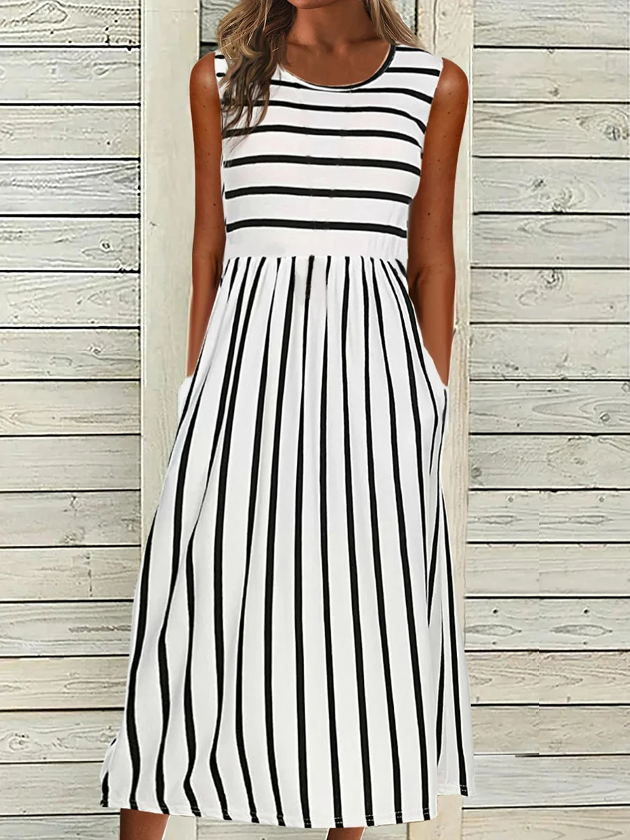 Women Summer Sleeveless Striped Print Dress Casual O-Neck A-Line Loose Midi Dresses With Pockets Vintage Boho Sundress