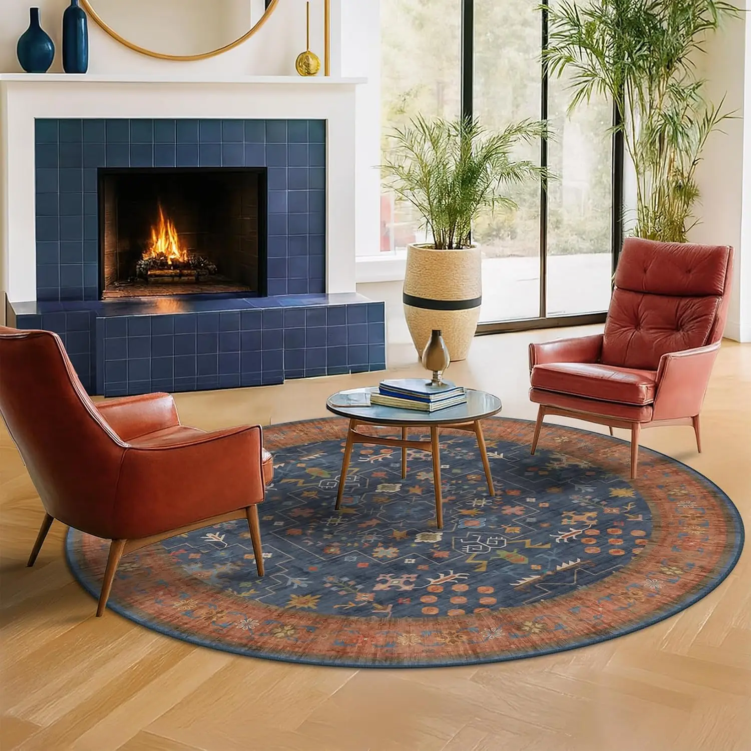 Bohemian Round Area Rug for Living Room Decor Boho Chic Vintage Mediterranean Pattern Polyester Accent Floor Mat Rug