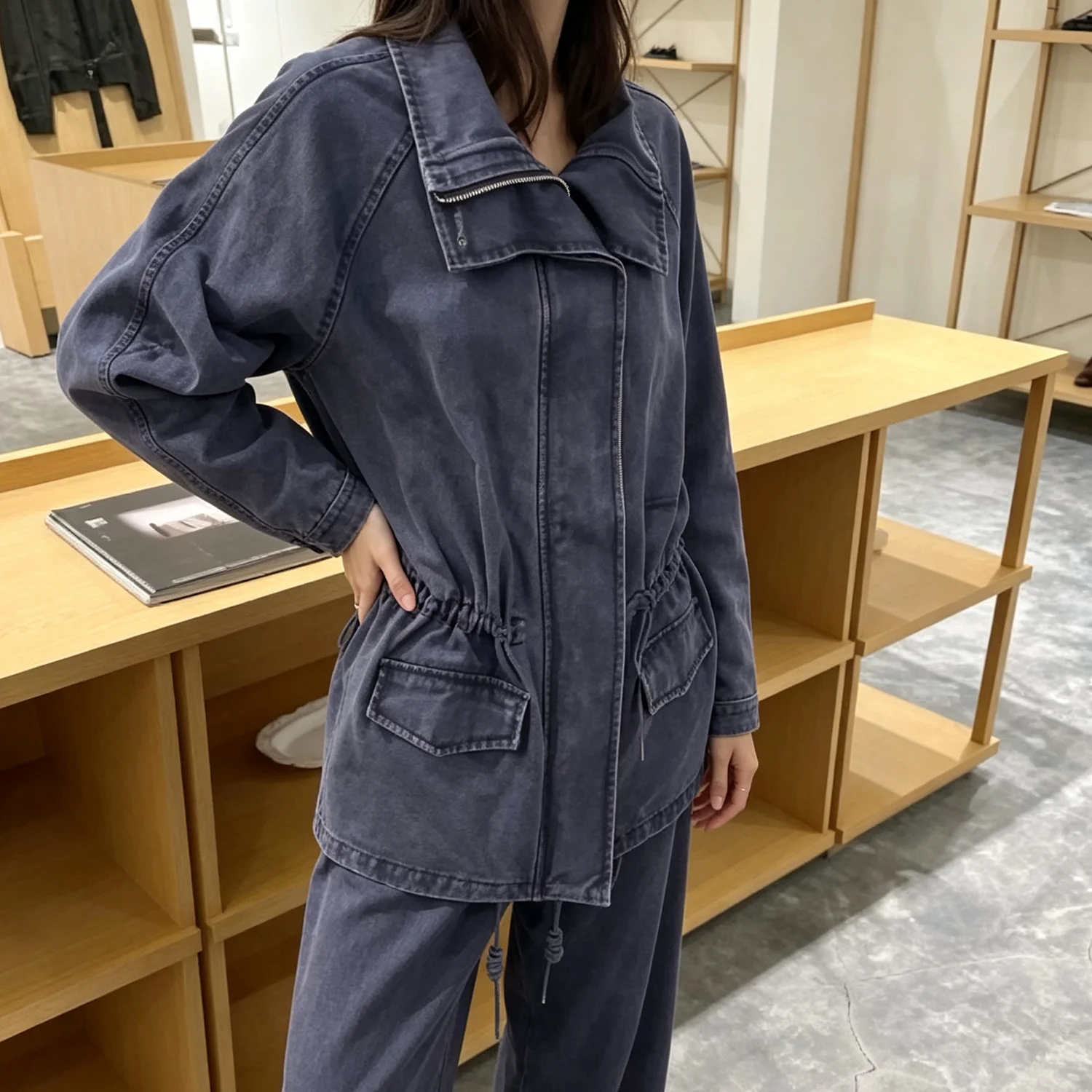 PUAL  2026 Washed Denim Stand Collar Jacket,elastic cuffs,multi pockets,casual vintage outerwear for daily street wear