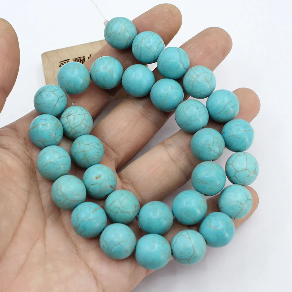 

APDGG 14mm Blue Turquoise Smooth Round Real Stone Loose Beads 16" Strand Jewelry Making DIY