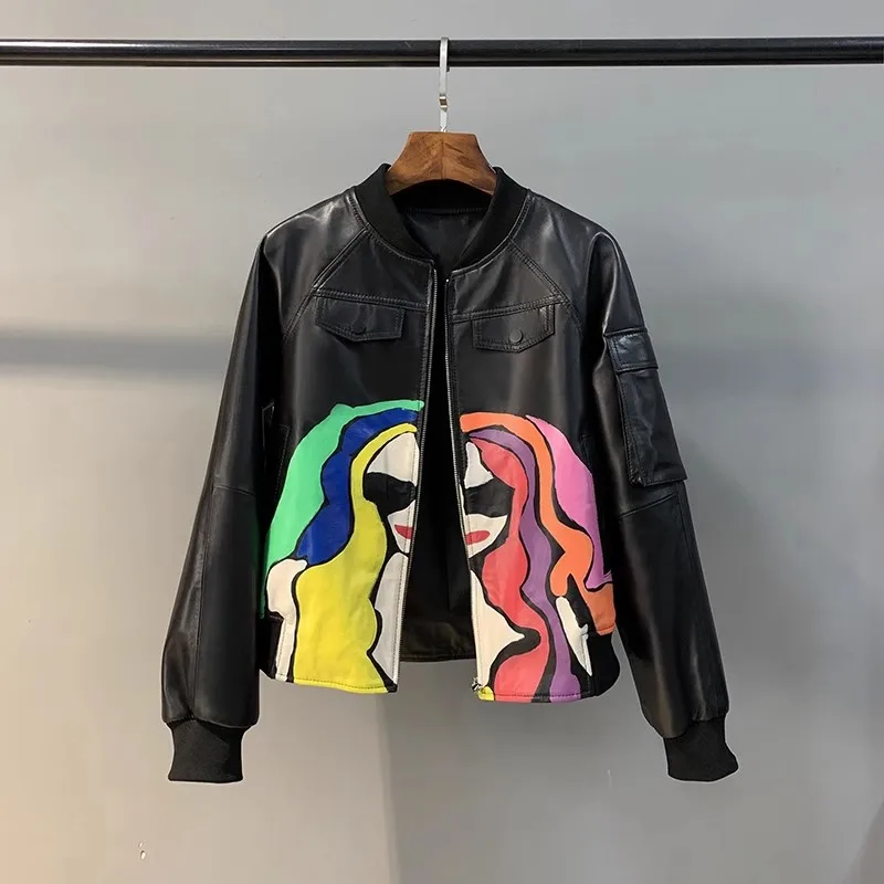 Women\'s Leather Baseball Jacket, Short Thread Stand Collar, Sheepskin Jacket, Colored Graffiti Leather Jacket, Spring and Autumn