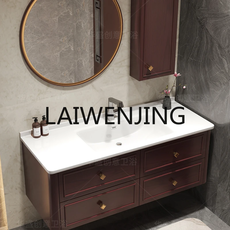 

RWJ Oak New Chinese Style Washstand Stone Plate Seamless Basin Bathroom Cabinet Combination