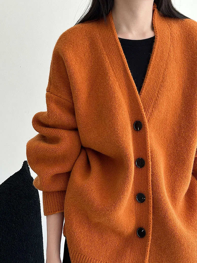 

Minimalist Orange Knitted Cardigan For Women, New Autumn And Winter V-Neck Single-Breasted Thick Sweater Coat