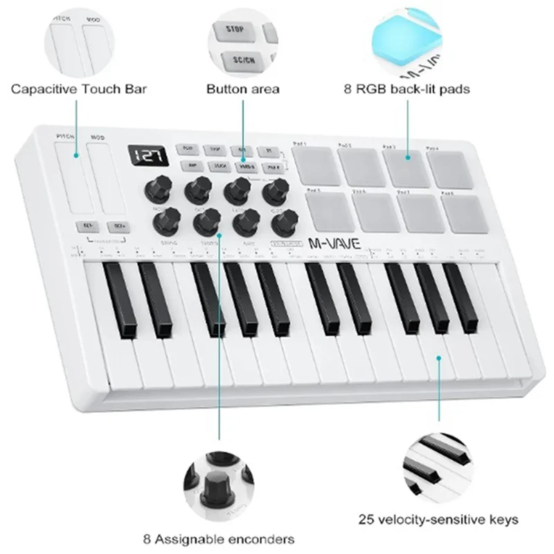 

Classy-M-VAVE 25-клавишный контроллер MIDI-клавиатуры, интеллектуальный портативный композиционный барабанный коврик, электронный музыкальный контроллер флейты, подходит
