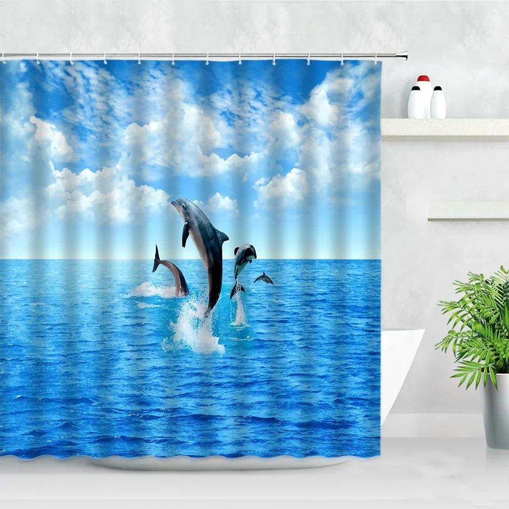 

Blue Ocean Dolphins Shower Curtain Deep Sea Animal Modern Waterproof Fabric Bath Curtains Decoration Bathtub Screen with Hooks