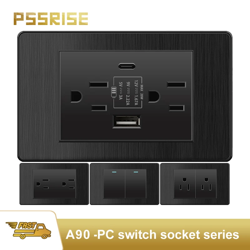 

PSSRISE Black PC Brushed America Thailand USB TypeC Fast Charging Socket Universal Light Switch TV Tel Doorbell 16A 20A 118*72mm