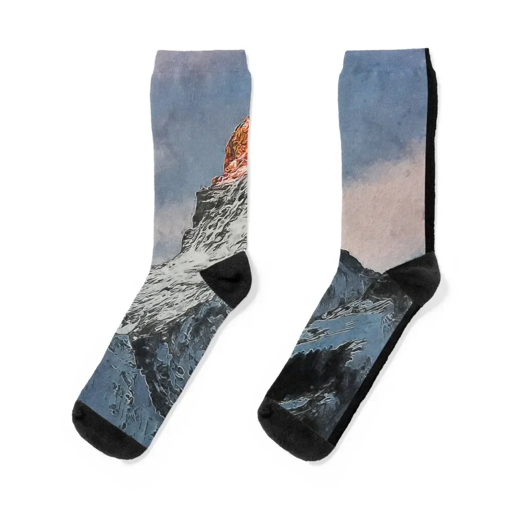 Matterhorn Mountain Switzerland Zermatt, European Swiss Alps Mountains, Winter Matterhorn Landscape Oil Paint, Switzerland Socks