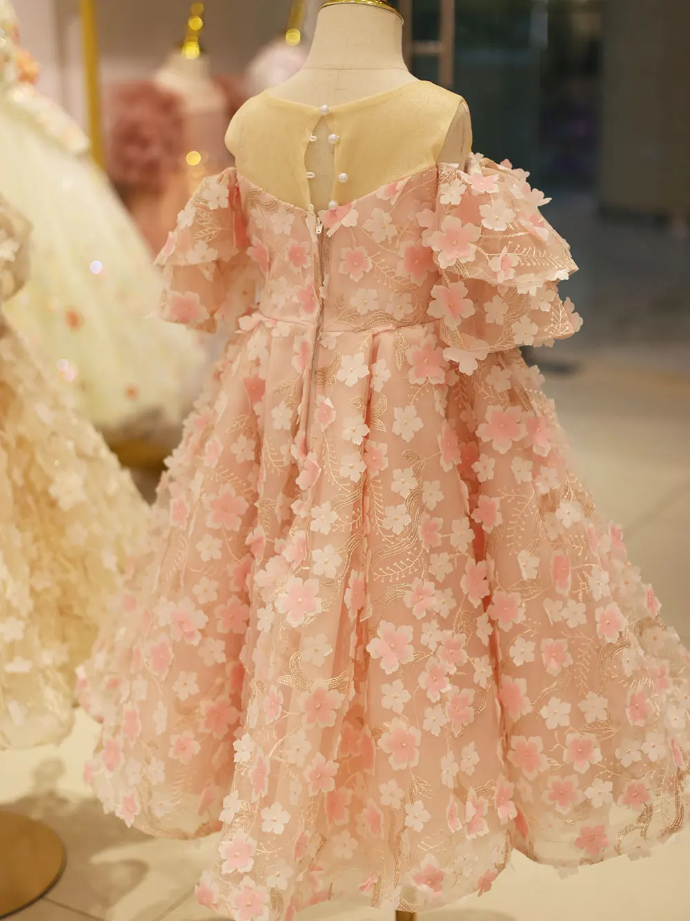 Jill Wish Pink Floral Girl Dress Handmade Flower Pearls Beading Arabic Formal Gown for Kids Wedding Birthday Party Pageant J013