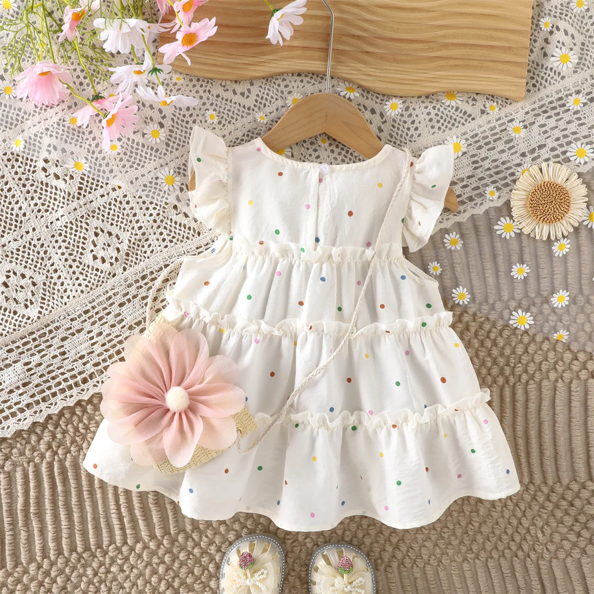 Summer New 1-3Y Baby Girl's Dress Girl's Clothing Tulip Colorful Dot Girls' Flying Sleeve Dress Comes with Flower Bag