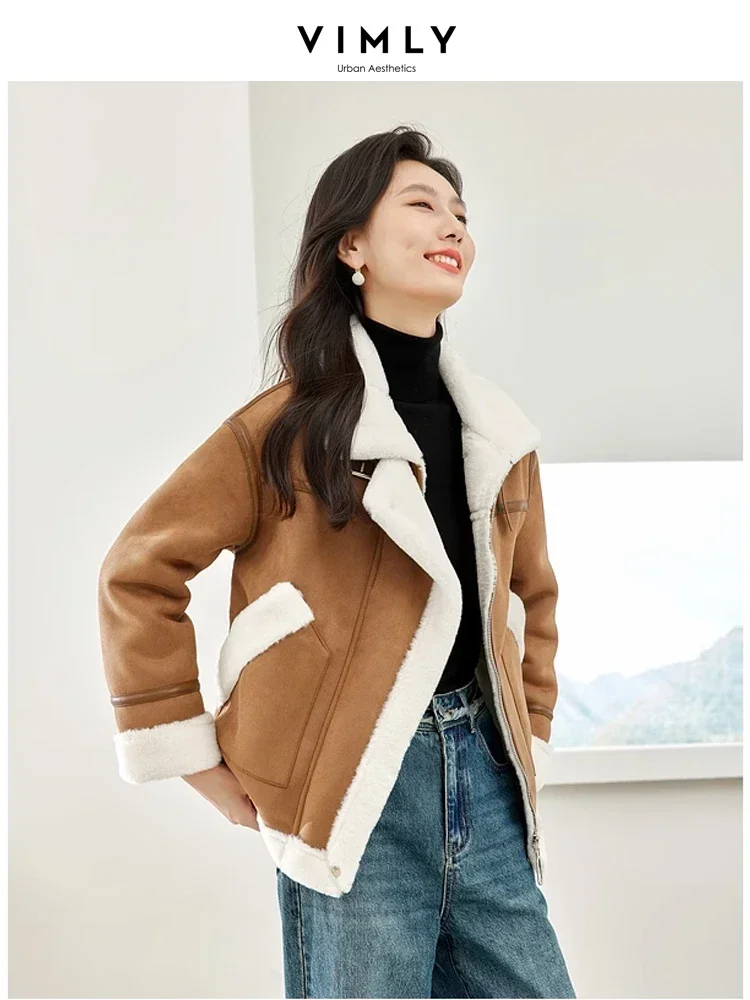 Vimly Double Faced Faux Fur Jacket 2023 Lapel Zipper Long Turn-up Sleeve Contrast Faux Shearling Female Winter Warm Coat 50713