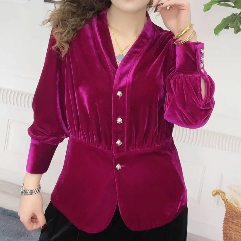 Women Vintage V-Neck Single-breasted Shirt Commuter Spring Autumn All-match Fashion Long Sleeve Solid Color Blouse for Female