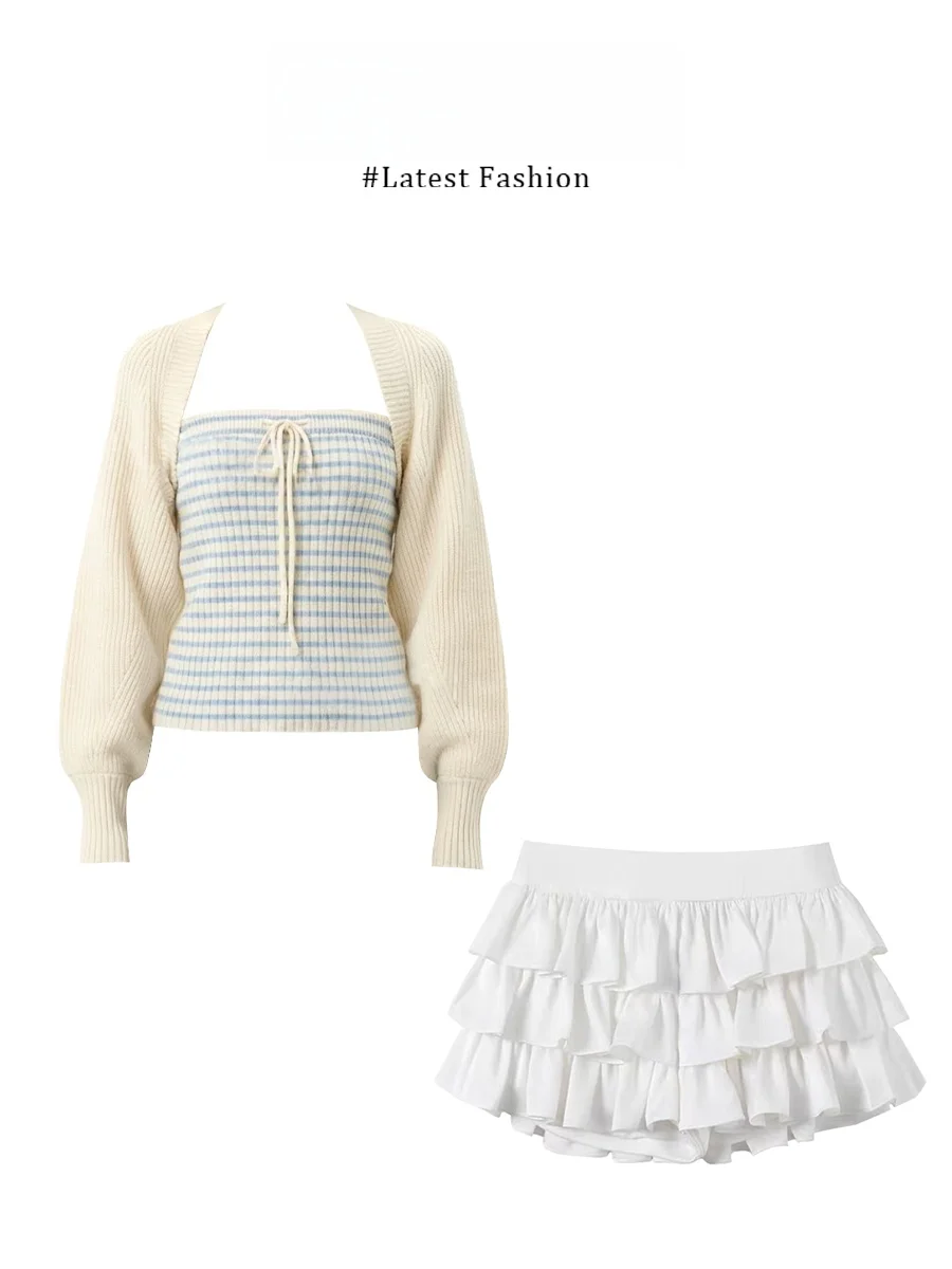 Parkyeon Spring Knitted Stripe Crop Top And White Short Skirt Set Women's Fashion Casual Style Two-Piece Suit Korean Pure Desire