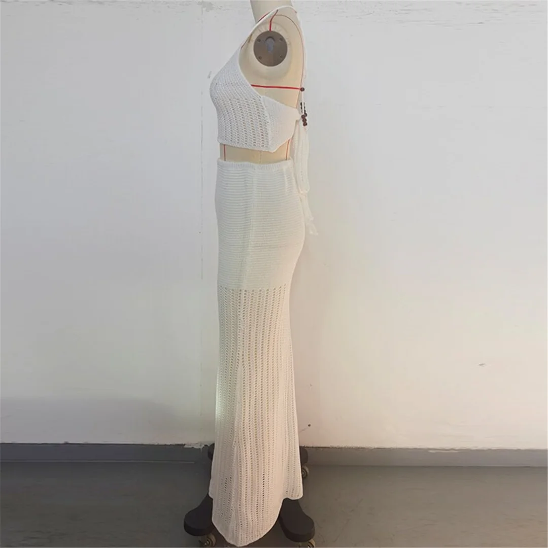 V-Ausschnitt, Halterneck, einfarbig, gehäkelt, gestrickt, zweiteiliger Anzug, Strandkleid, Strandmode, Strandbekleidung, Strandüberwurf, Damen, V7648 – Detail 9