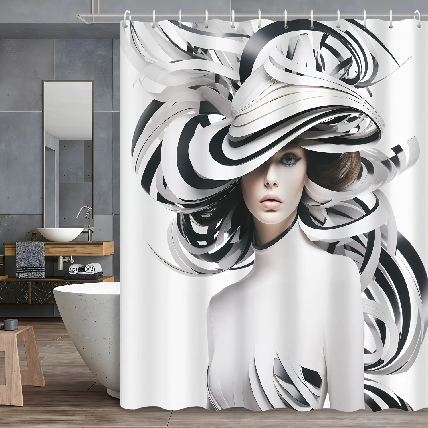 

Creative Black-and-White Fashion Girl Shower Curtain Washable Dirt-Resistant Shower Head waterproof Polyester Bath Curtain