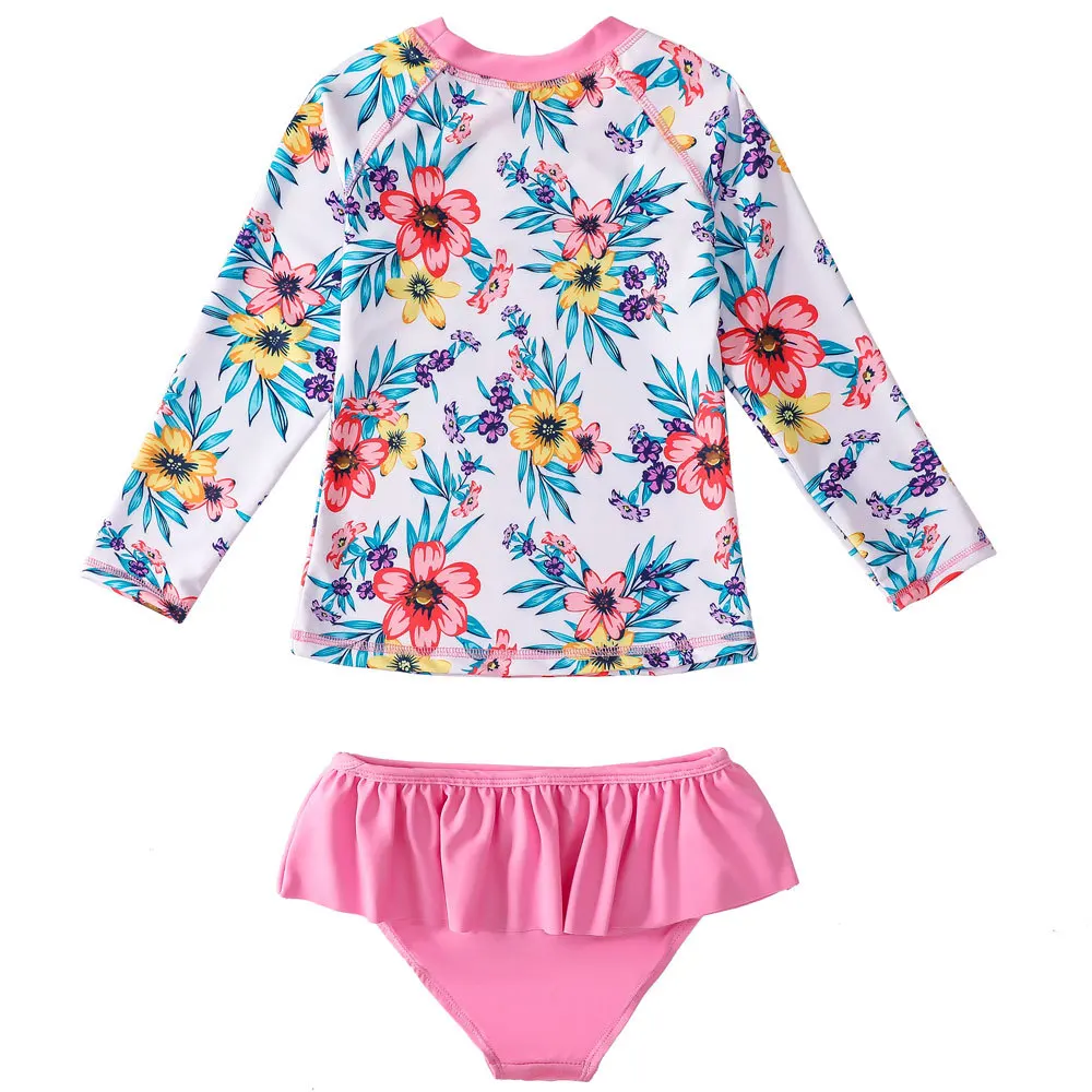 Happyflute-verão duas peças set para meninas, maiô de praia com estampa de flores, proteção solar, ins estilo