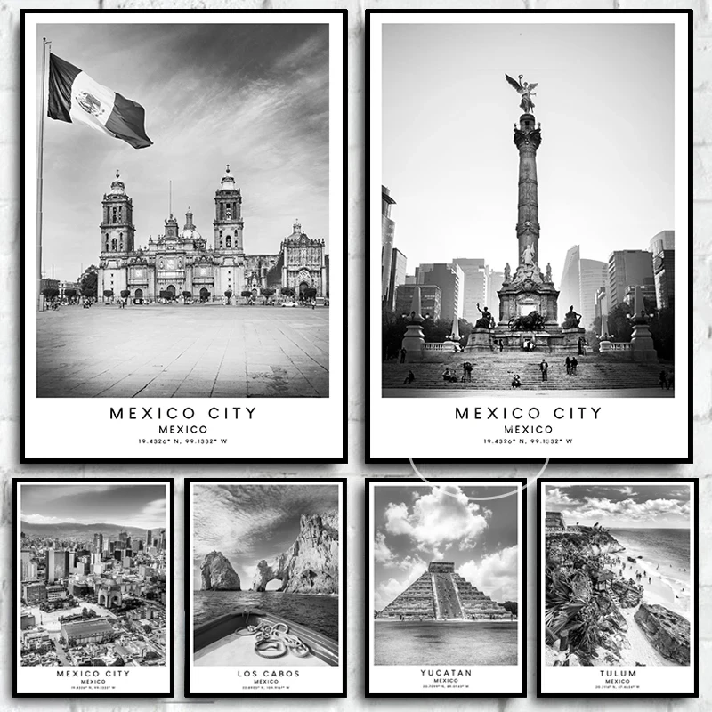 Póster de viaje en blanco y negro de Ciudad de México, Playa Del Carmen, Tulum, pintura en lienzo, imágenes artísticas de pared, decoración del hogar