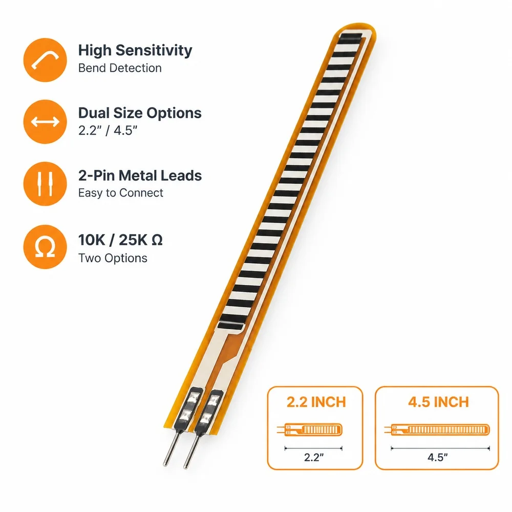 Flex Bending Sensor 2.2/4.5 Inch Resistor with 2-Pin Metal Foot 25/10kΩ for Arduino Electronics Flexible Sensor