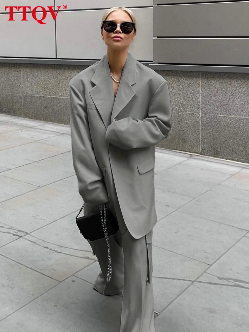 

TTQV Fashion Grey Office 2 Piece Sets Women Outfit Elegant Long Sleeve Pocket Shirts And Solid Straight Cargo Pants Female Set