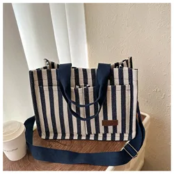 Canvas Shoulder Bag For Women Stripe Designer Crossbody Tote Bag Large Capacity Handbag Fashion Travel Shopping Commuting Bag