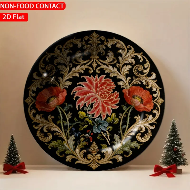 1pc Baroque Ornate Floral Arrangement Golden Ceramic Plate Non-Food Contact, Home Desk Ornaments, Living Room And Bedroom