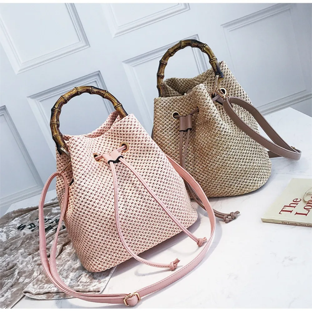 

Straw Plaited Article Women Drawstring Straw Bucket Bag Wear-resistant Washable Handmade Shoulder Messenger Bags Large Capacity