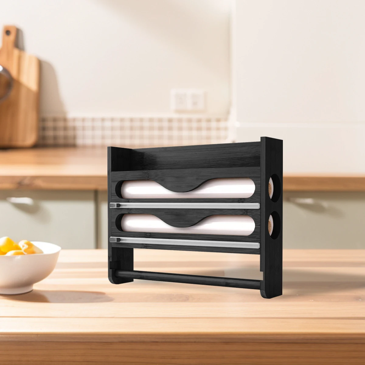 벽걸이형 종이 타월 홀더 및 커터가 포함된 대나무 2칸 보관 상자 - 주방용 호일 및 플라스틱 랩 정리함
