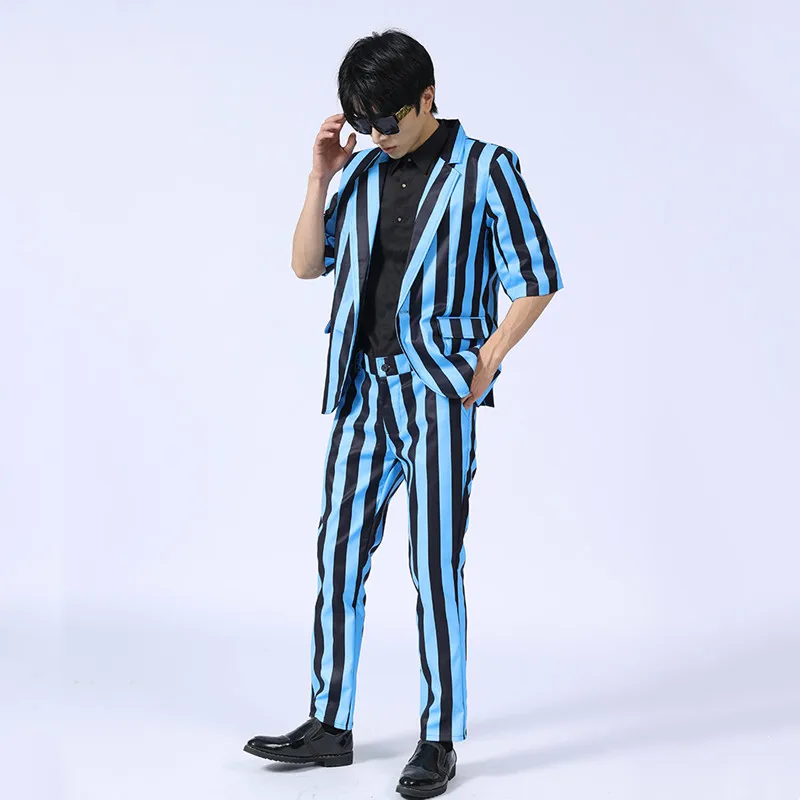 Korean Style Men Blue Black Stripes Suit Casual Slim Fit Blazer Pantsuit Bar Singer Stage Hairdresser Nightclub Stage 2PCS Set