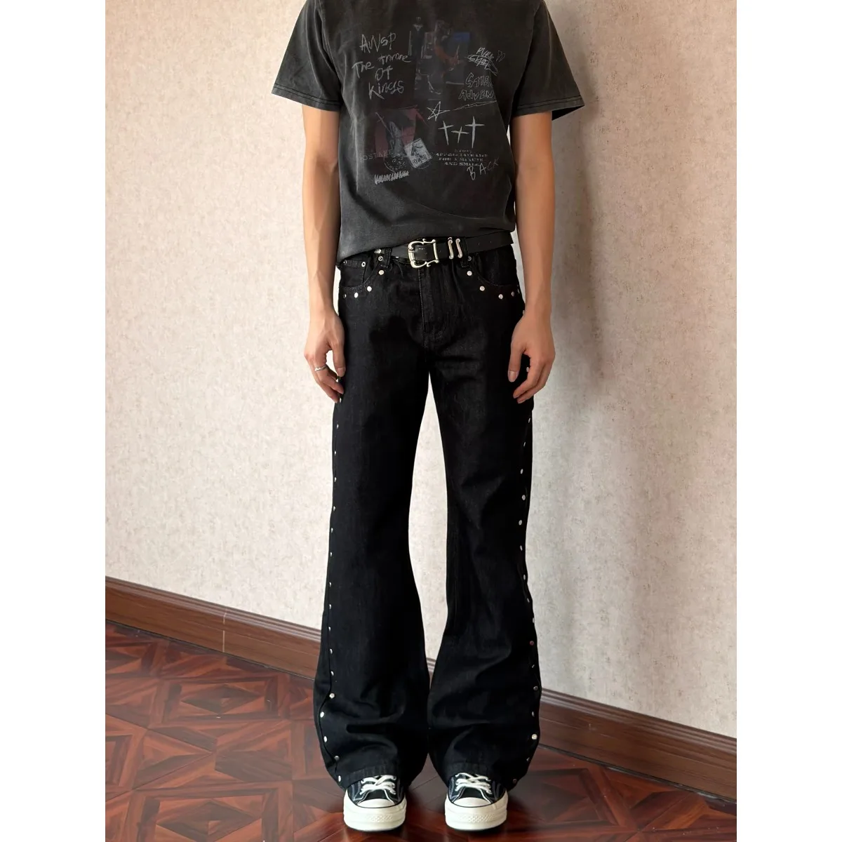 Retro American Leopard Print Pocket Rivet Black Jeans Casual Straight Leg Loose Fit Men Women Autumn New Style Versatile Jeans