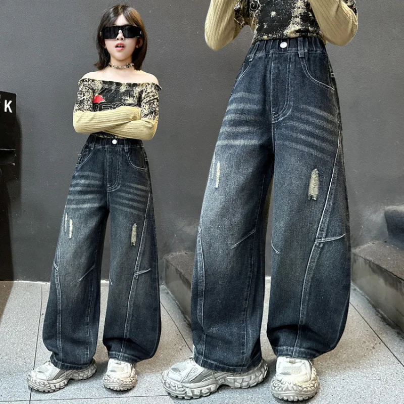 Teenage Girls Ripped Jeans for New Autumn Children's Casual Loose Straight Destroyed Blue Denim Trousers Kids Spring Pants 4-14