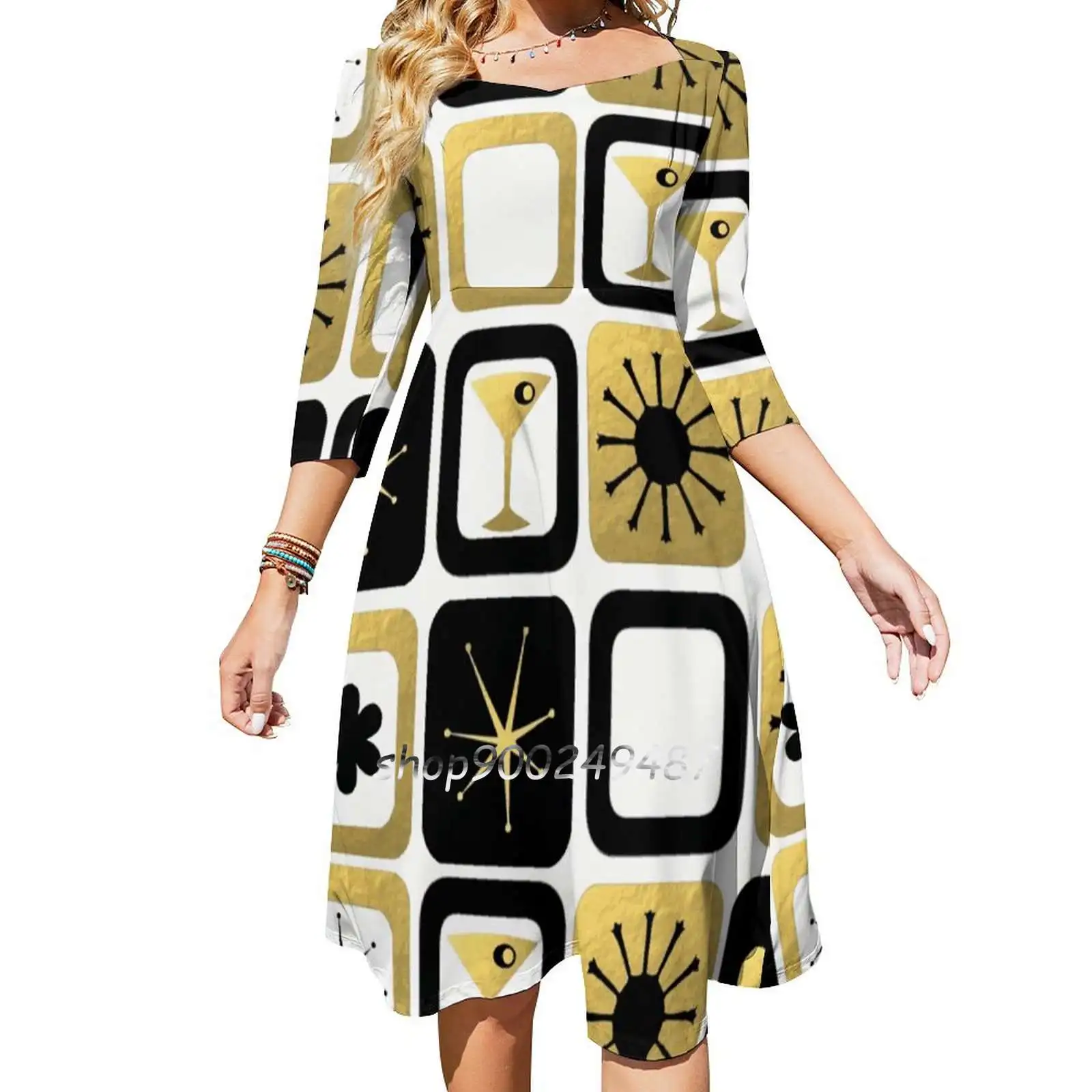 Retro Glamorous Gold Pattern Sweetheart Knot Flared Dress Fashion Design Large Size Loose Dress Retro Glamorous Gold Mid