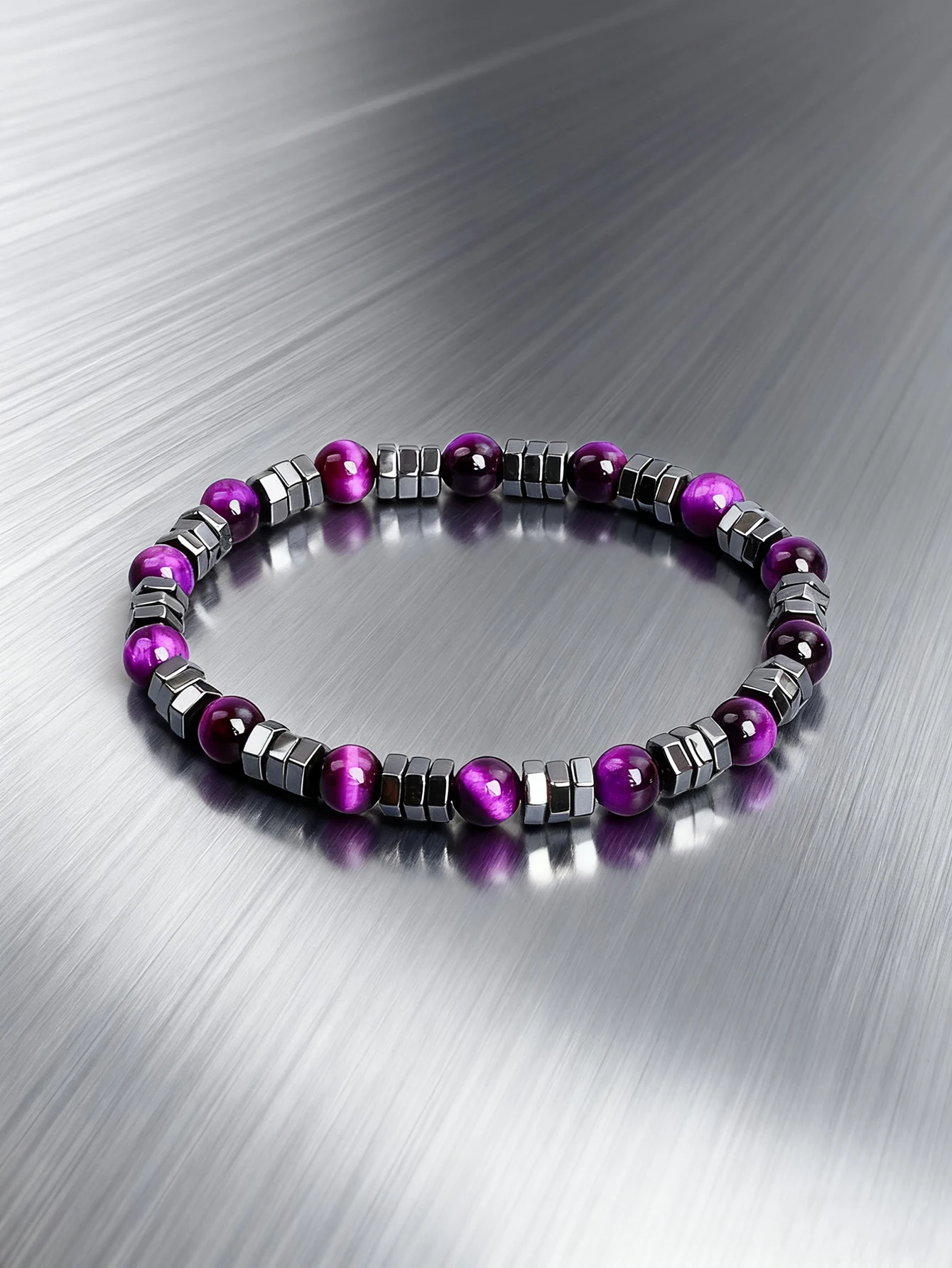 Natural Stone Hematite Bracelet With Geometric Irregular Beads & Purple Tiger Eye Beads For Vigour Protection Strength Jewelry