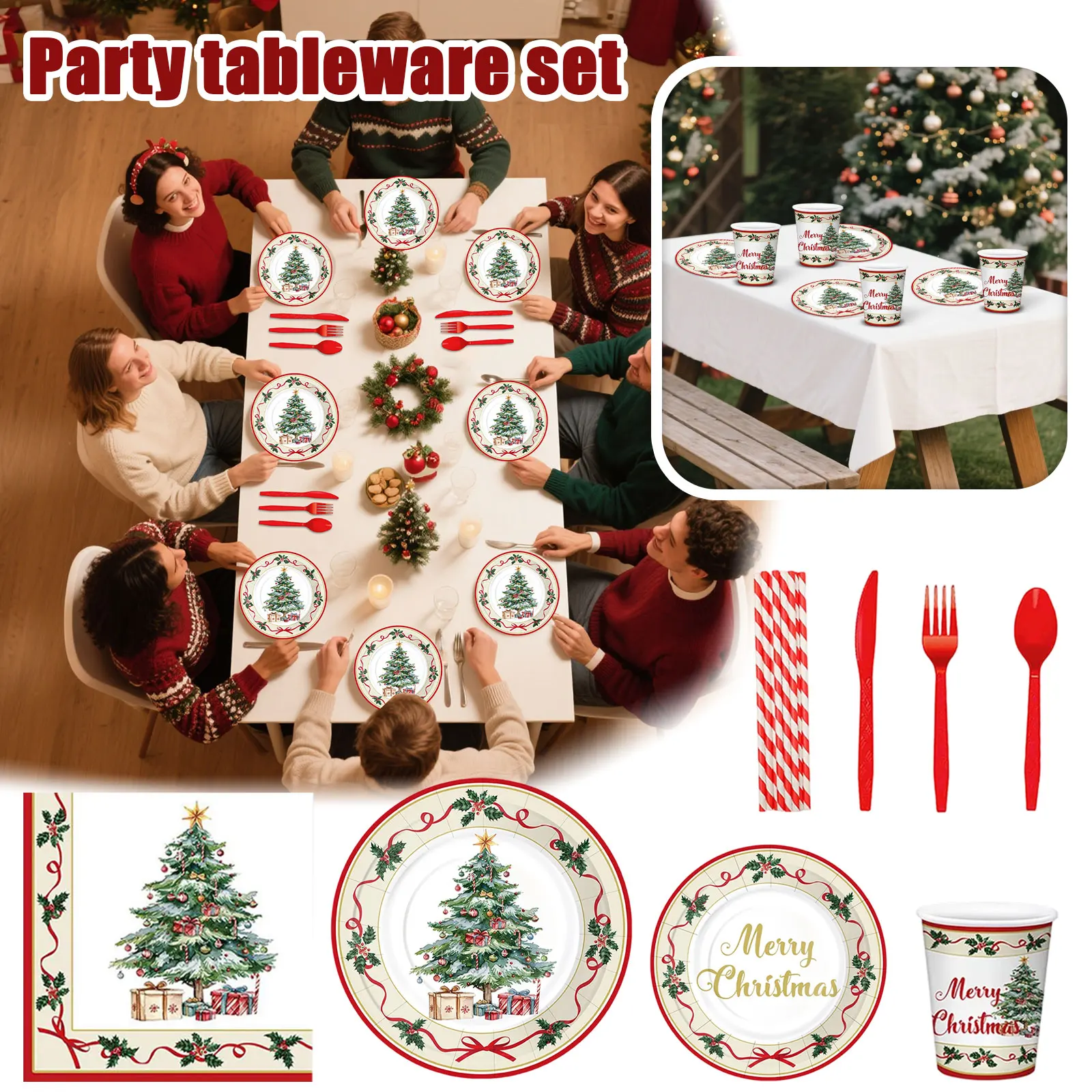 

Christmas Tree Theme Holiday Party Decoration Paper Plates Cups Paper Towels Tableware Set
