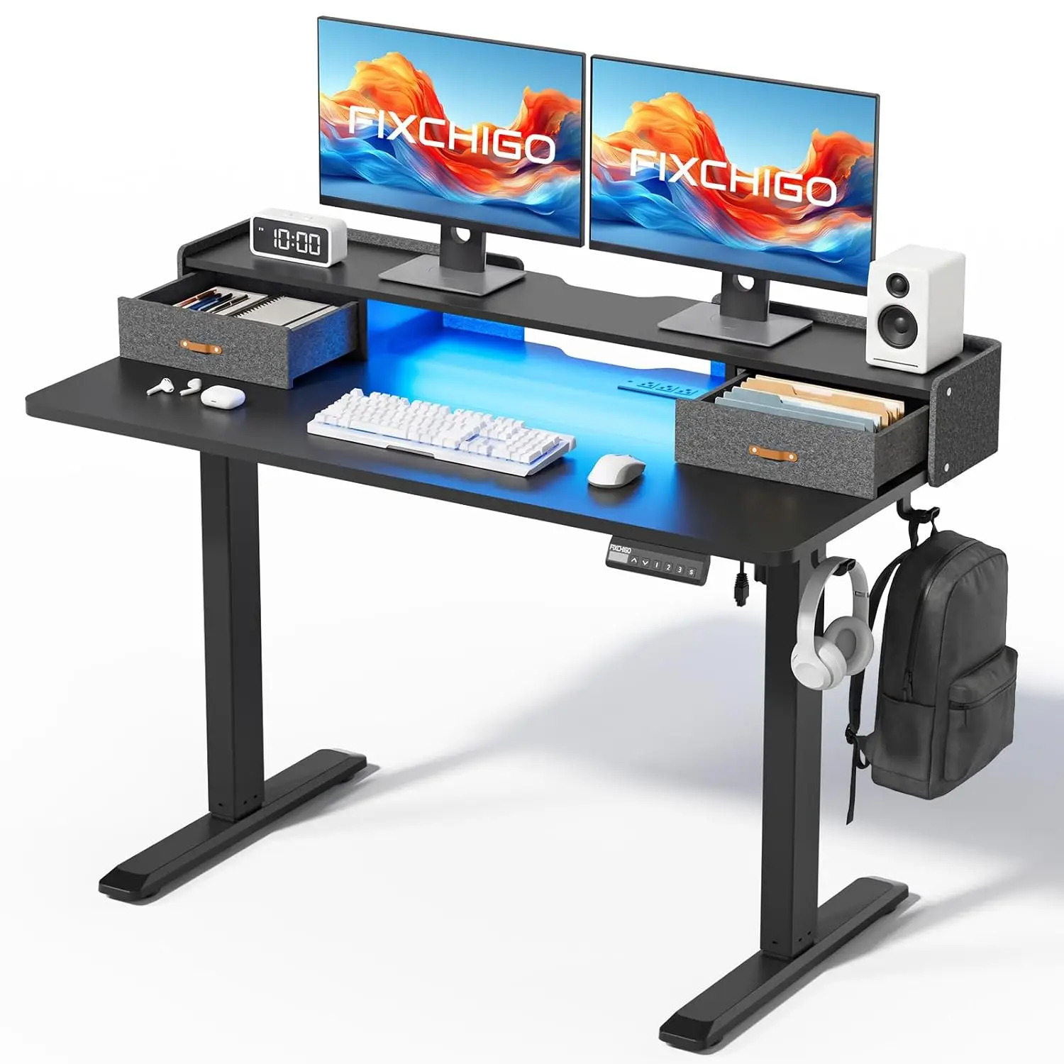 #48in Height Adjustable Electric Standing Desk with Drawers Power Outlets LED Light Monitor Stand Home Office Customized