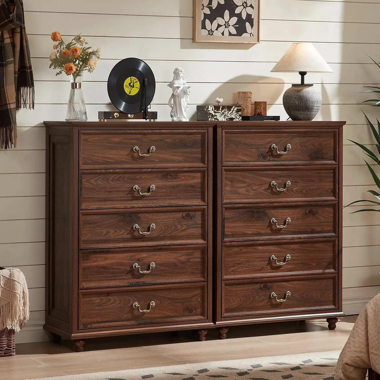 45 Inch Tall Farmhouse 5 Drawer Dresser Rustic Solid Wood Chest of Drawers with 4 Solid Wood Feet Mid Century Modern Bedroom Sto