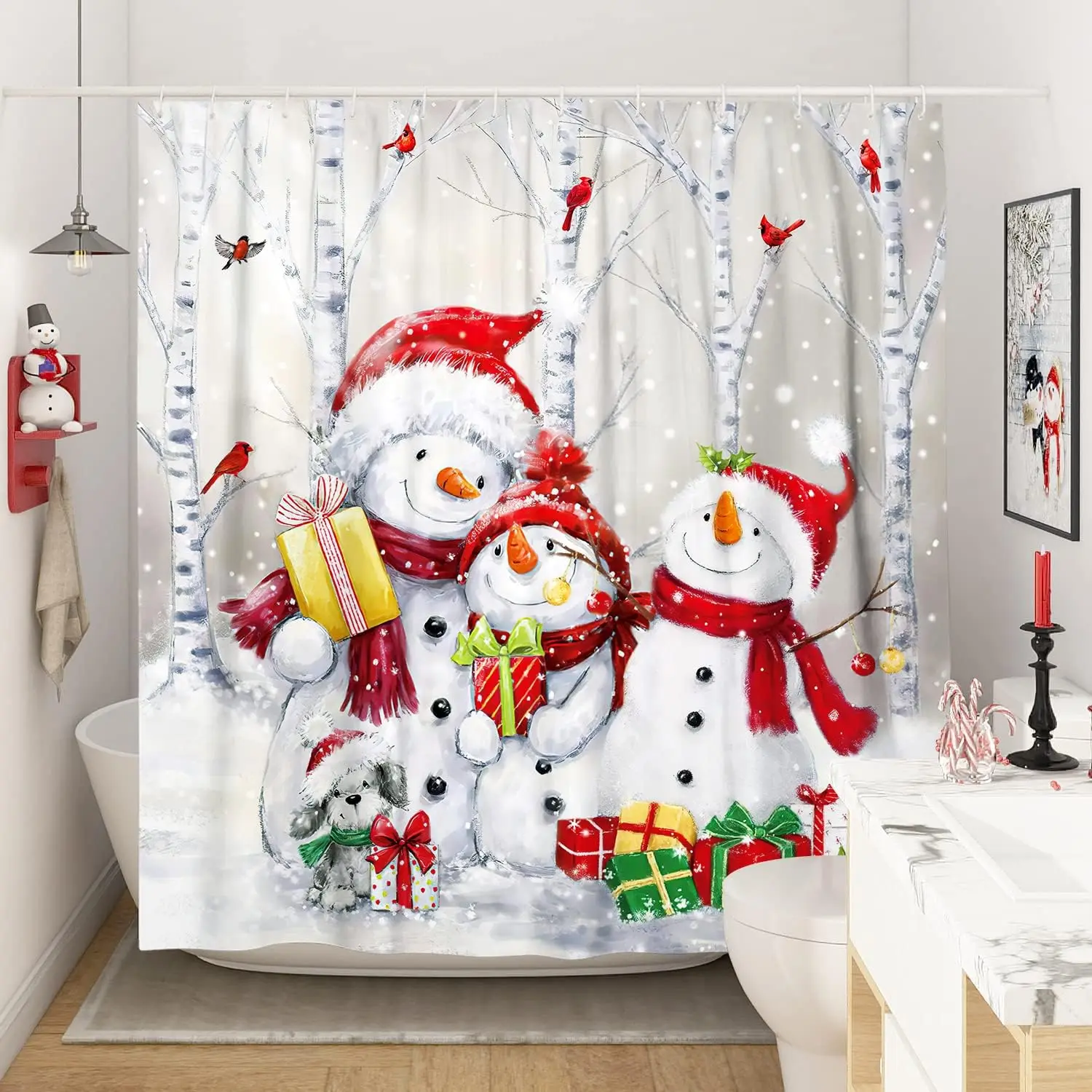 Funny Snowman Shower Curtain Set Xmas Ball Silver Pine Branches Gift Christmas Home Bathroom Decor Rug Bath Mat Toilet Lid Cover