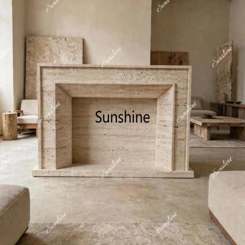 Modern simple imitation marble travertine fireplace cabinet fake flame mantel