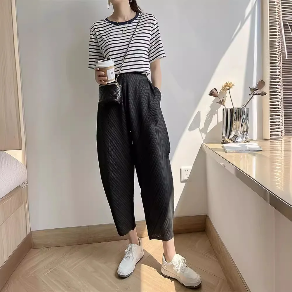 

Miyake Pleated Pants for Women, Banana Fashion, Versatile, Pleated Cropped Pants, Comfortable, Casual, Loose, Wide Legs, Niche