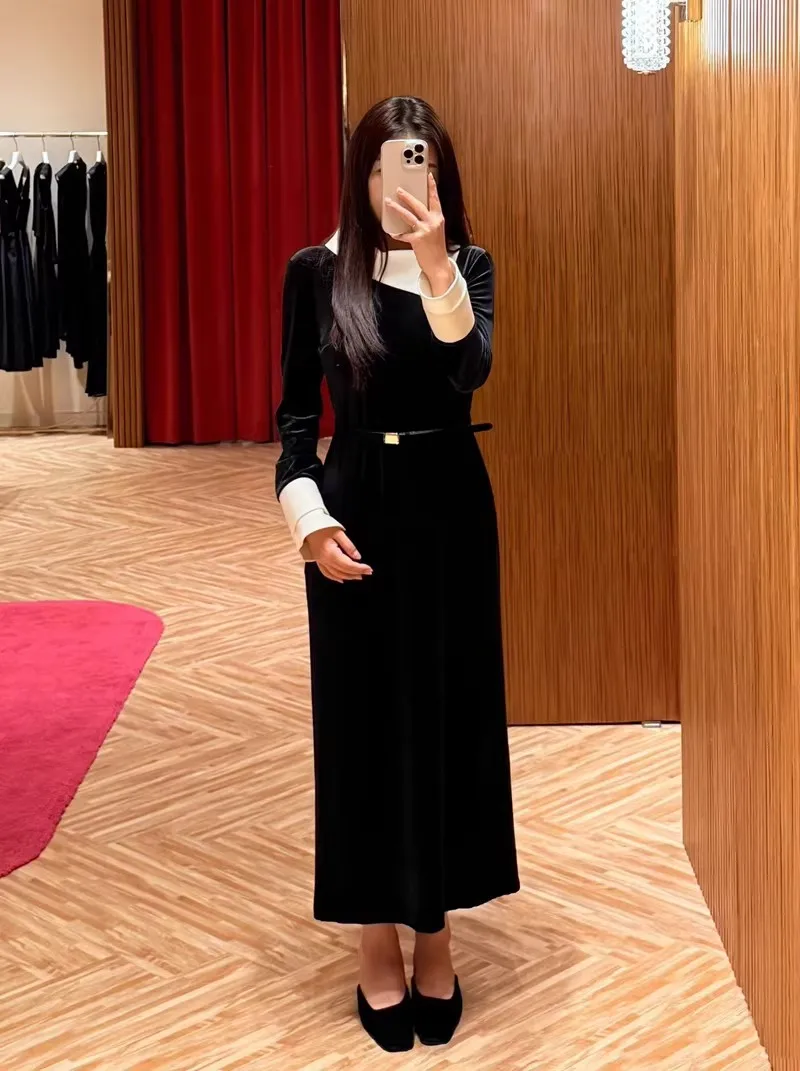 

2025 Autumn Winter Elegant Ladies Vintage Velvet Dress Fashion Patchwork Turn Down Collar Slim Black Long Dress