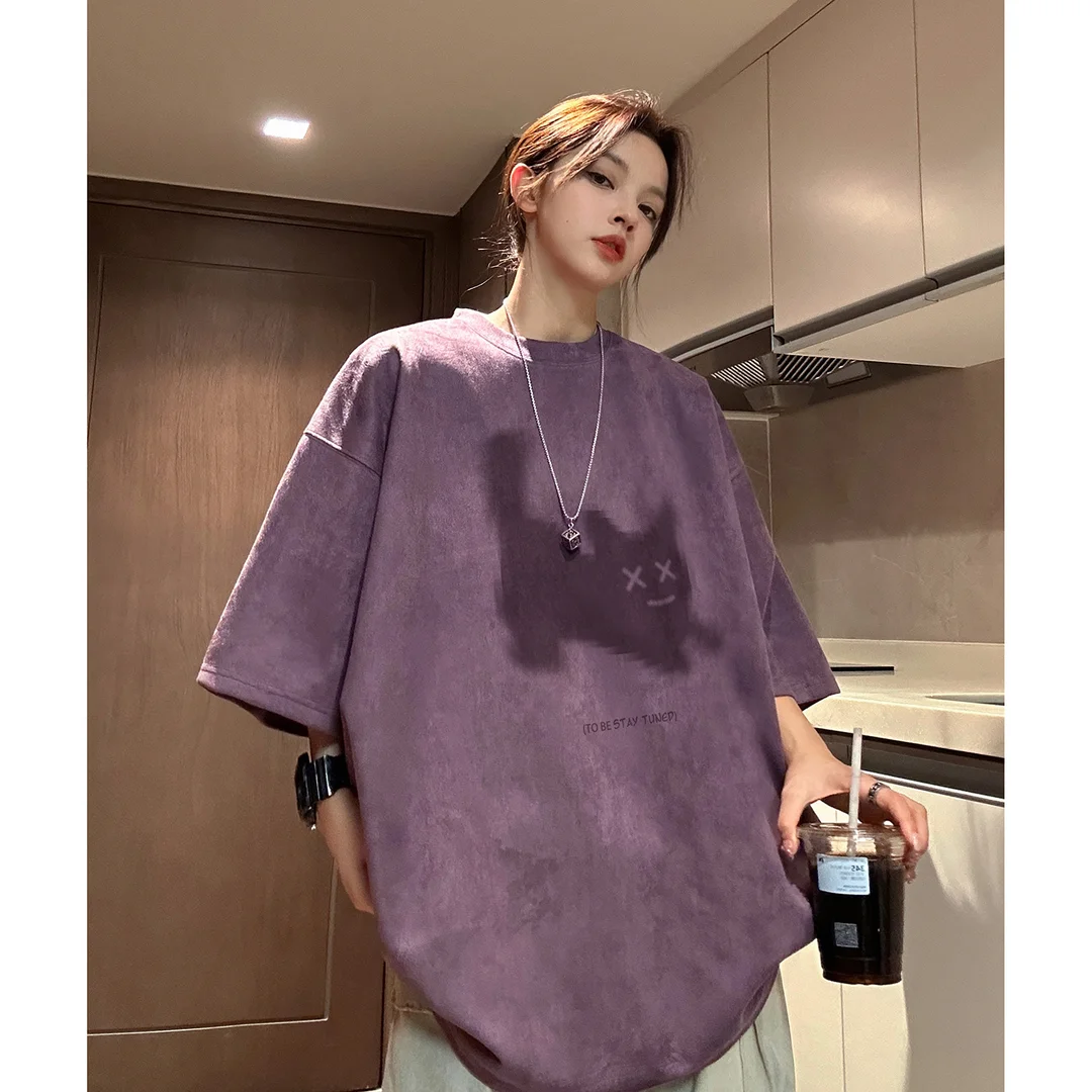 Suede American t shirt spring and summer niche half sleeved casual loose men and women couple trend short sleeved T shirt y2k