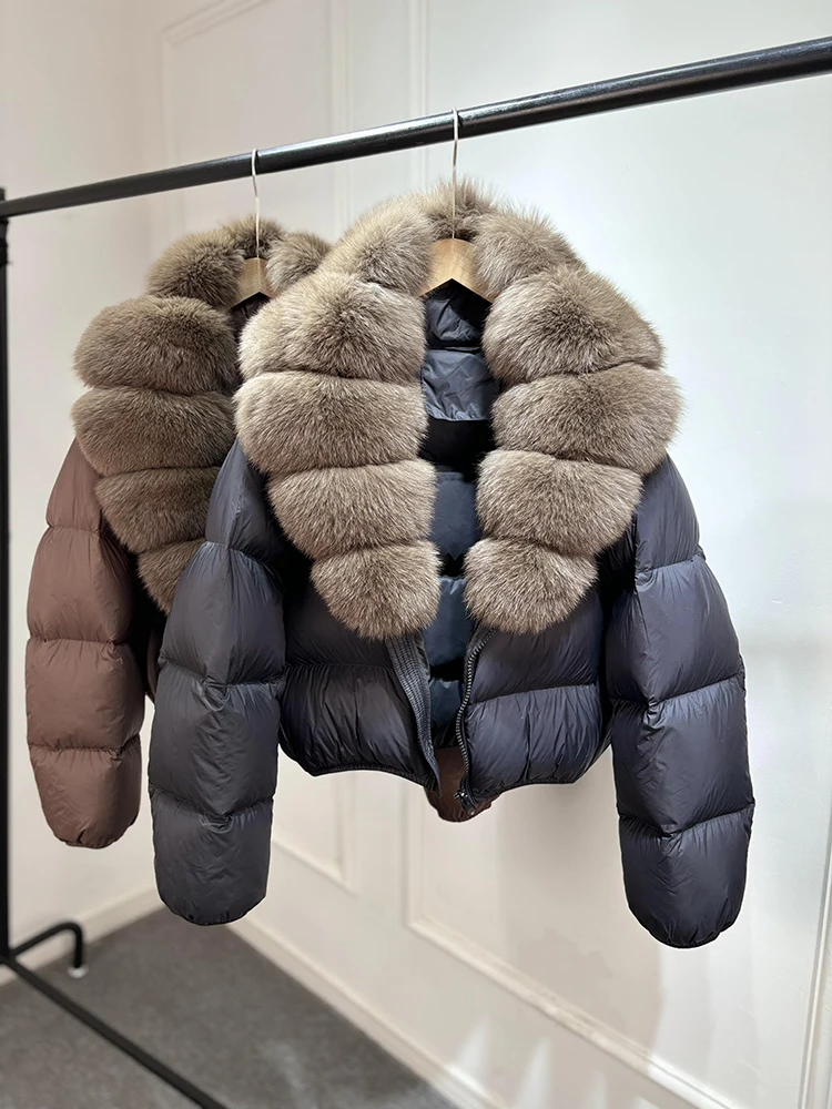 Janveny 2025 New Puffer Jacket Women With Large Natural Fox Fur Collar Short Fluffy Thick Parkas Female 90% White Duck Down Coat