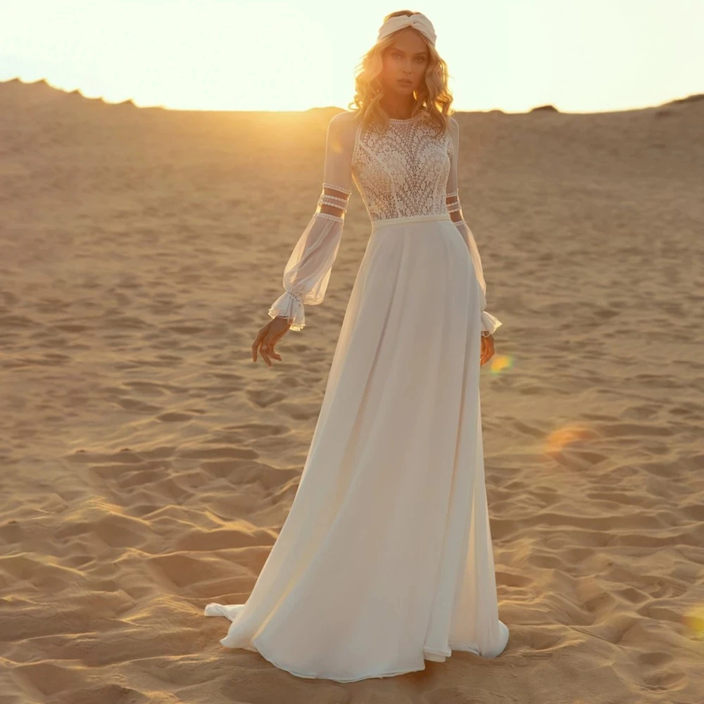 Round Neck Wedding Dress A-Line Long Sleeve Country Boho Princess Chiffon Illusion Back Bride Gown Robe De Mariée Wedding Gown